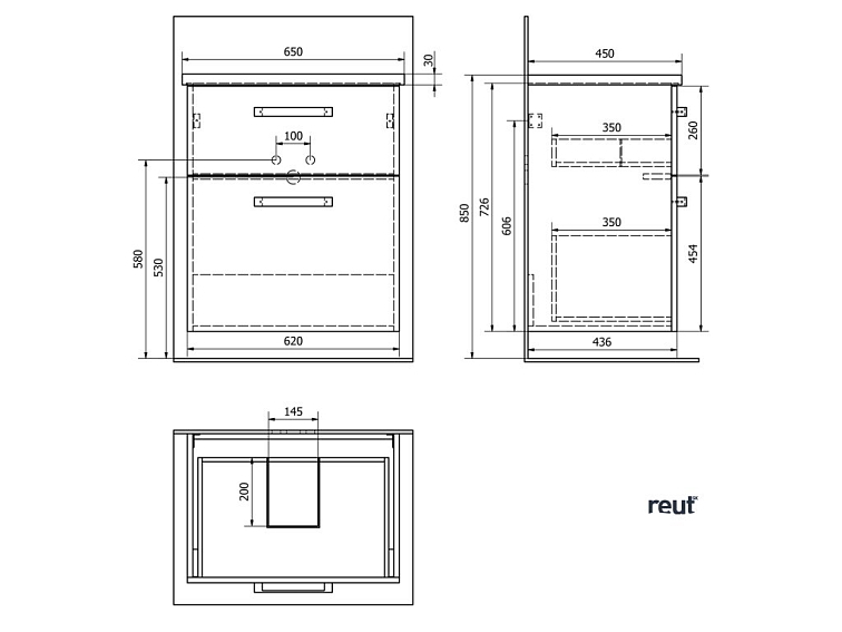 Aqualine VEGA umývadlová skrinka 62x72,6x43,8cm, 2x zásuvka, dub platin VG863
