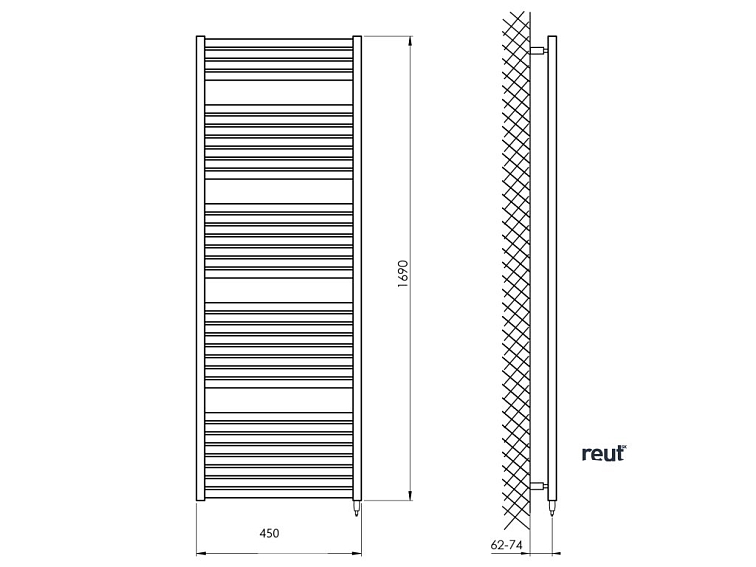 Aqualine TONDI-E elektrické vykurovacie teleso, rovné, 450x1690 mm, 600 W, čierna mat DE446T