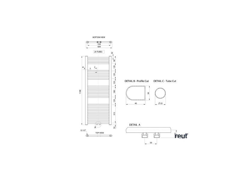 Aqualine ALYA stredové pripojenie ALYA vykurovacie teleso rovné 600x1188mm, stredové pripojenie, chróm LLS303