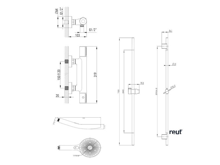 kielle Oudee Sprchový set s termostatickou batériou, tyčou, hadicou a sprchovou hlavicou, chróm 20602SNT10
