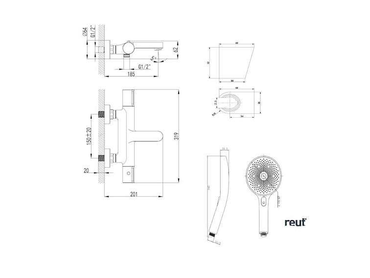 kielle Oudee Termostatická vaňová batéria s príslušenstvom, matná čierna 10302SNT14
