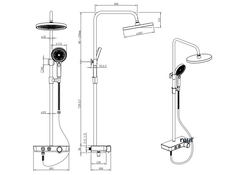 kielle Oudee Sprchový set s termostatom, 26 cm, 3 prúdy, čierna/biela 20602004