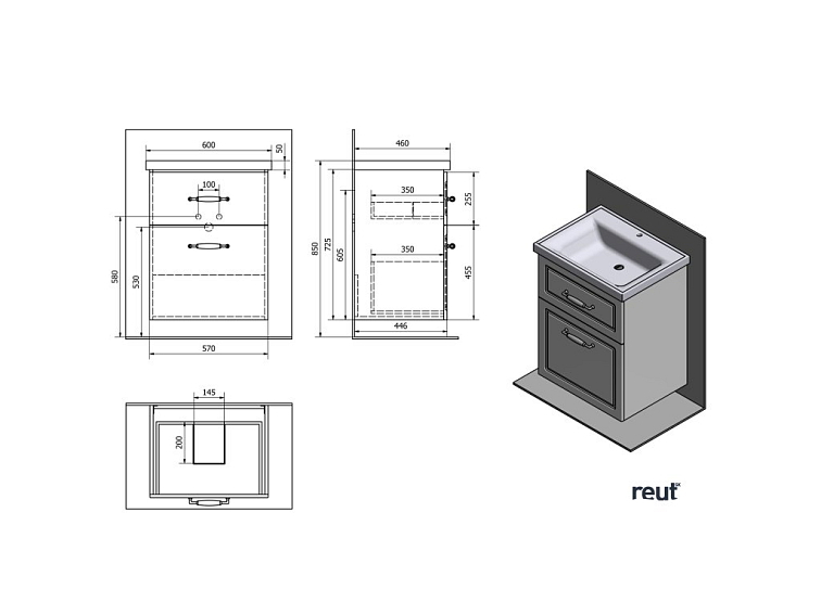 Aqualine FAVOLO umývadlová skrinka 57x72,5x44,6cm, biela mat FV260
