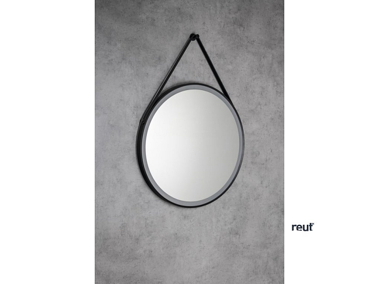 Aqualine STAGO guľaté zrkadlo s LED osvetlením priemer 60cm, kožený popruh, dotykový senzor, stmievateľné, čierna mat SG060