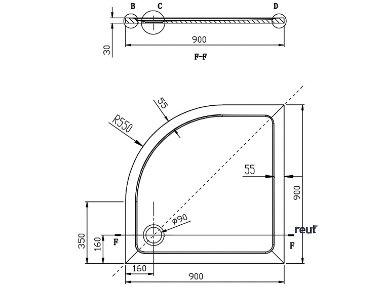 Aqualine TECMI vanička z liateho mramoru, štvrťkruh 90x90x3cm, R55 PQ559