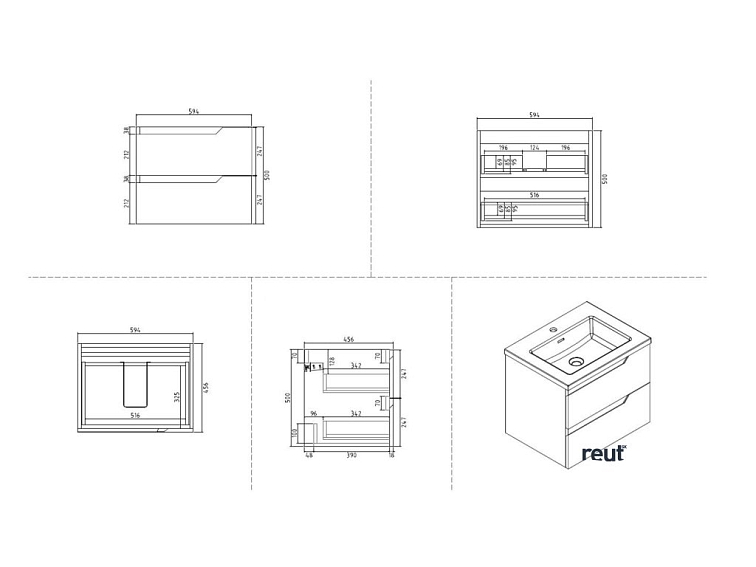kielle Oudee Skrinka s umývadlom 60 cm, lesklá biela/tmavý dub 50002S610