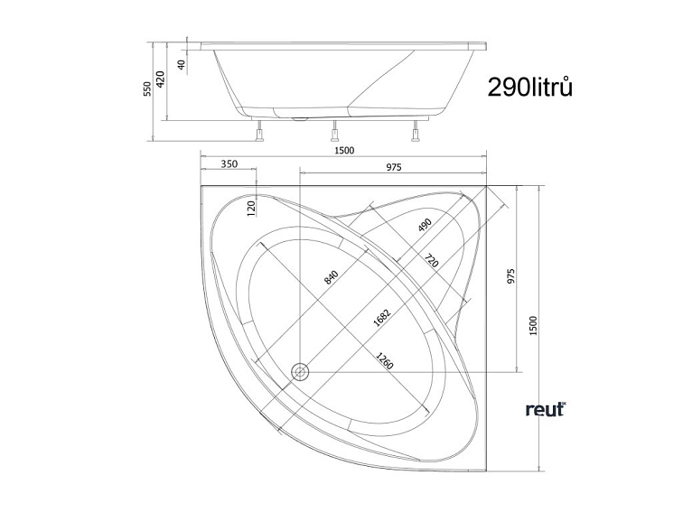 Aqualine DYJE rohová vaňa 150x150x41cm, biela A1550
