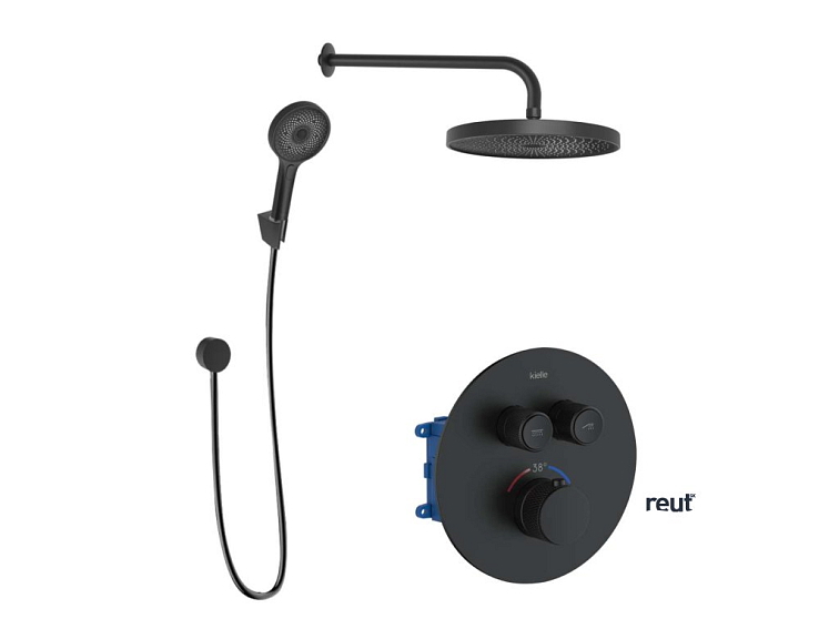 kielle Oudee Sprchový set s termostatickou batériou pod omietku, na 2 spotrebiče, s príslušenstvom a telesom, matná čierna 20602SPT24