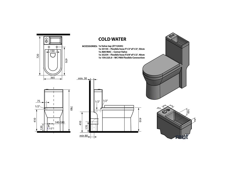 Aqualine HYGIE WC kombi s umývadielkom, zadný/spodný odpad, biela PB104W