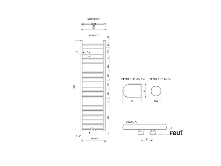 Aqualine ALYA stredové pripojenie ALYA vykurovacie teleso rovné 500x1600mm, stredové pripojenie, chróm LLS304