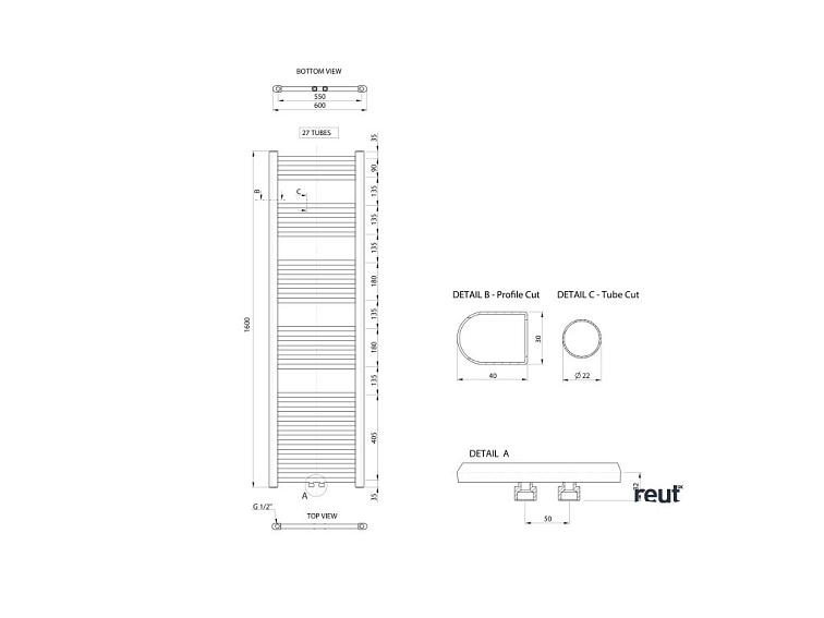 Aqualine ALYA stredové pripojenie ALYA vykurovacie teleso rovné 600x1600mm, stredové pripojenie, chróm LLS305