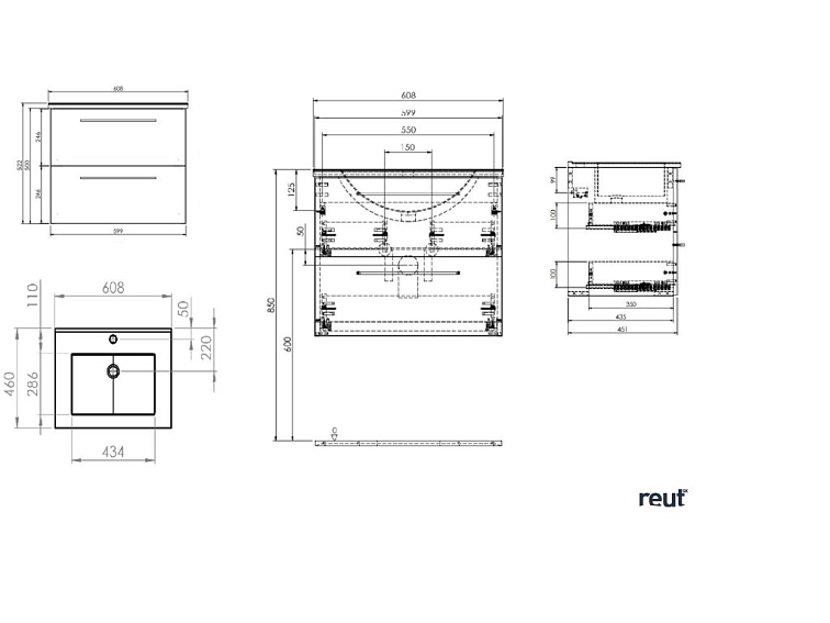 kielle Vega Skrinka vrátane umývadla, 60x55x46 cm, 2 zásuvky, lesklá biela 50018S60