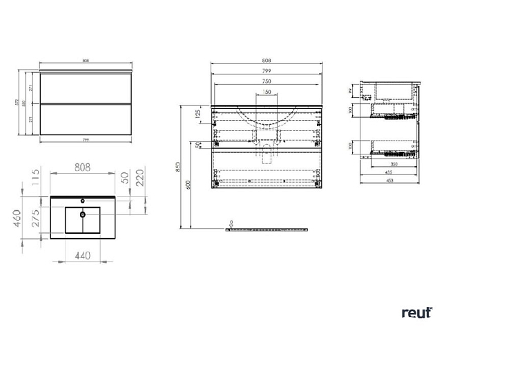 kielle Oudee Skrinka vrátane umývadla, 80x55x46 cm, 2 zásuvky, matná čierna 50002S84