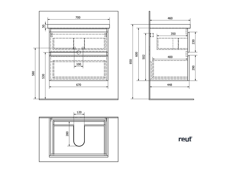 Aqualine ALTAIR umývadlová skrinka 67x60x45cm, čierna mat AI670