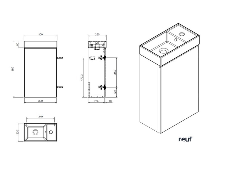 kielle Oudee Skrinka s umývadielkom, 40x68x22 cm, matná čierna 50002S44