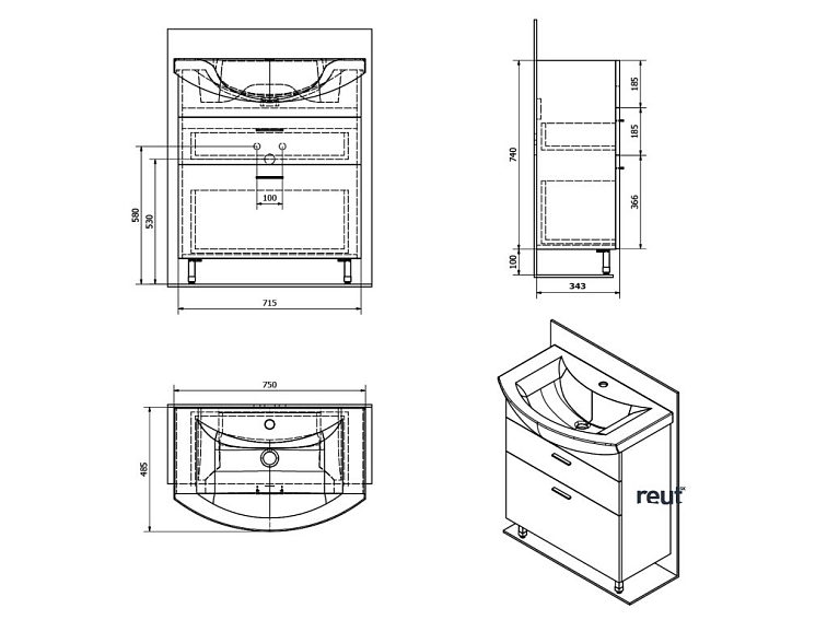 Aqualine ZOJA umývadlová skrinka zásuvková 71,5x74x34 cm, biela 51071A