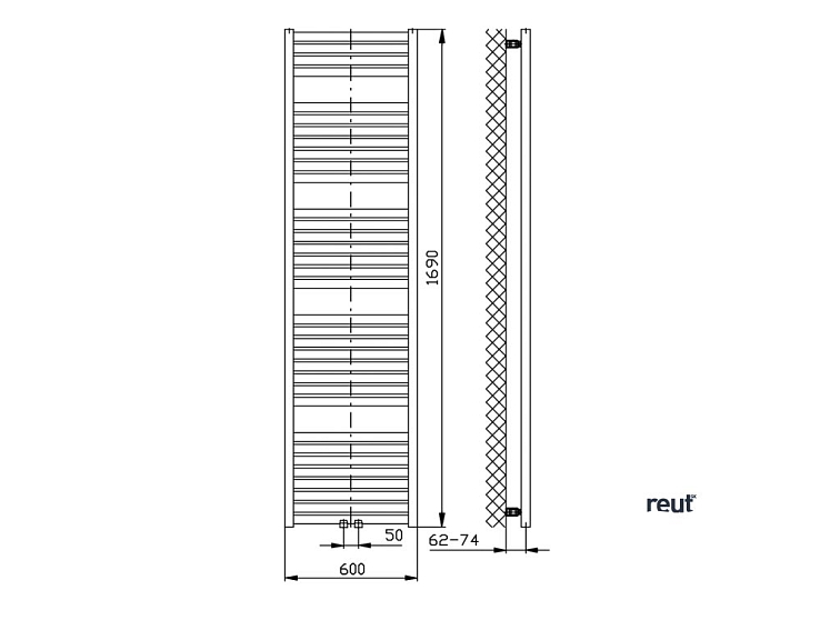 Aqualine TONDI vykurovacie teleso 600x1690 mm, stredové pripojenie, čierna mat DT496T