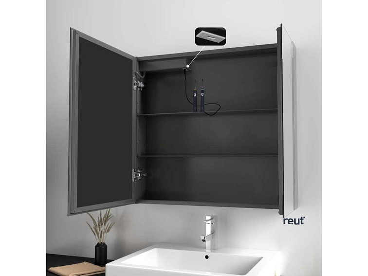 kielle Arkas I Zrkadlová skrinka s LED osvetlením, vyhrievaním a USB portom, 80x70x13 cm, matná čierna 50111814