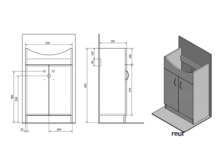 Aqualine SIMPLEX ECO 55 umývadlová skrinka vrátane umývadla 53x83,5x30,7cm SIME550