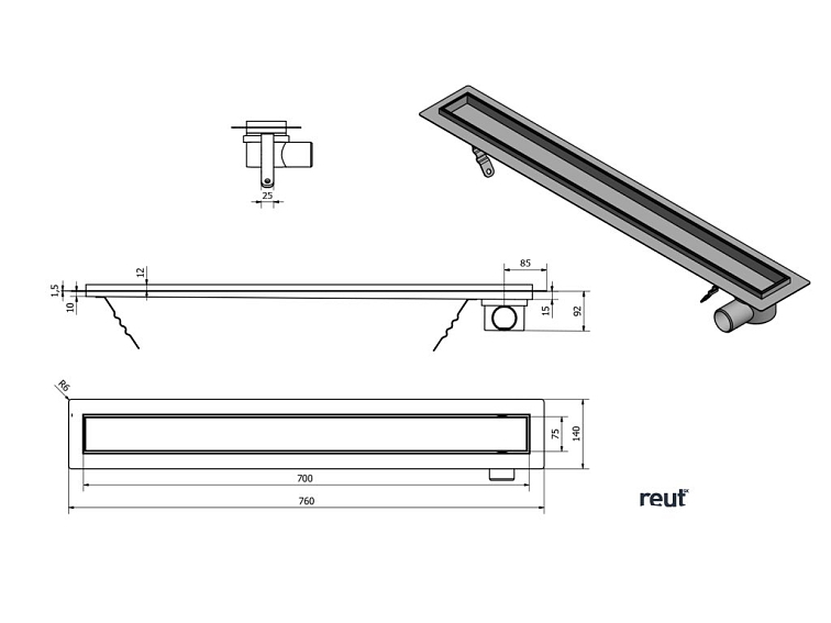 AQUALINE KANÁLIKY PAVINO podlahový žľab z nerezové oceli s roštom na dlaždice, L-760, DN50 2710-80