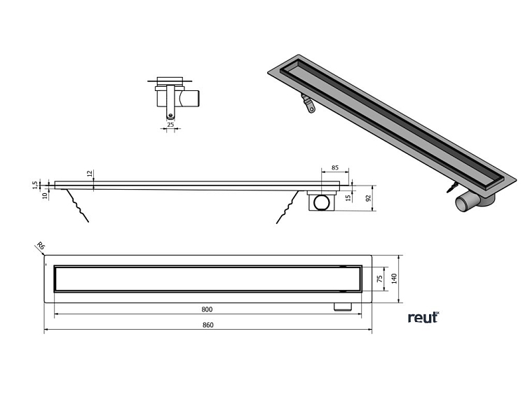 AQUALINE KANÁLIKY PAVINO podlahový žľab z nerezové oceli s roštom na dlaždice, L-860, DN50 2710-90