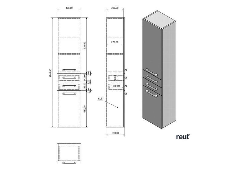 Aqualine VEGA Skrinka vysoká s košom 40x184x31cm, dub platin VG980