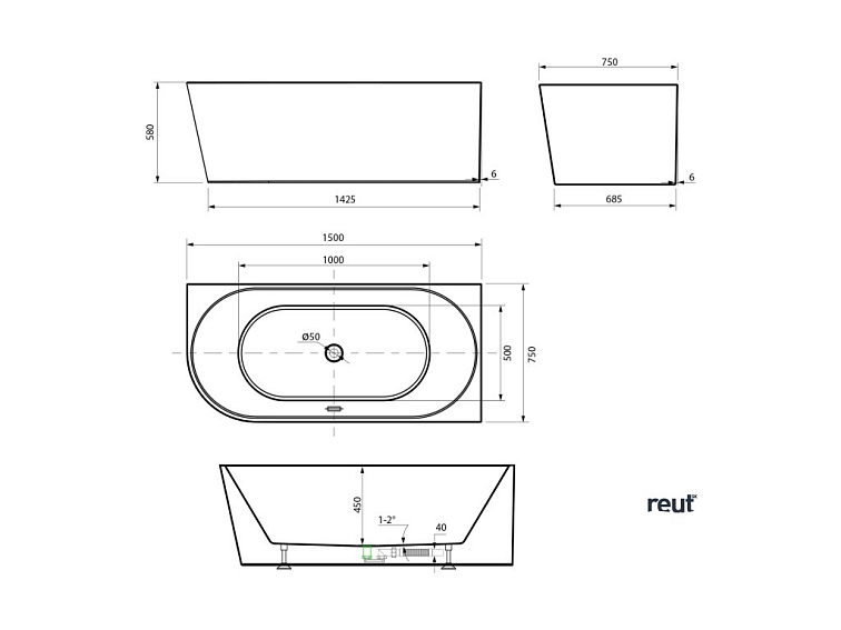 Aqualine TIBERA R rohová stojaca vaňa 150x75cm, biela E1037