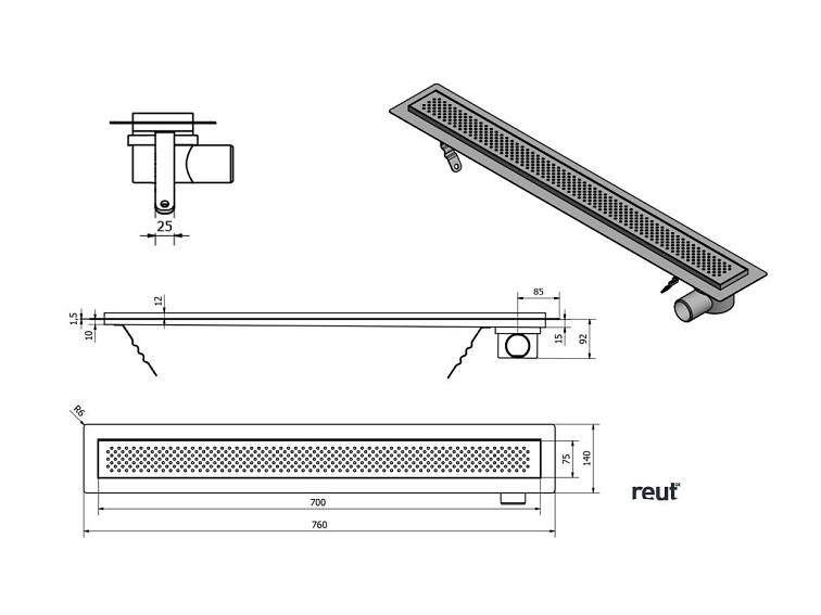 AQUALINE KANÁLIKY KROKUS podlahový žľab z nerezové oceli s roštom, L-760, DN50 2705-80