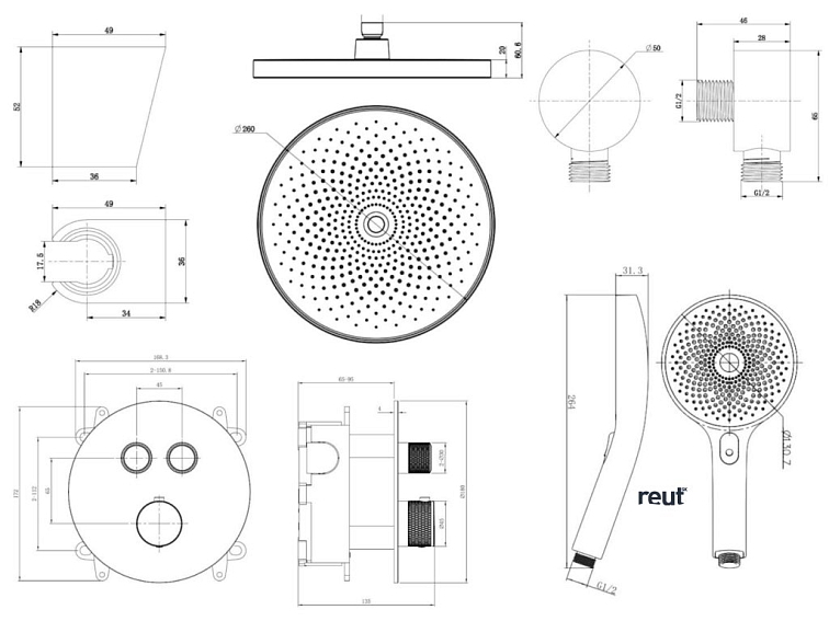 kielle Oudee Sprchový set s termostatickou batériou pod omietku, na 2 spotrebiče, s príslušenstvom a telesom, matná čierna 20602SPT24