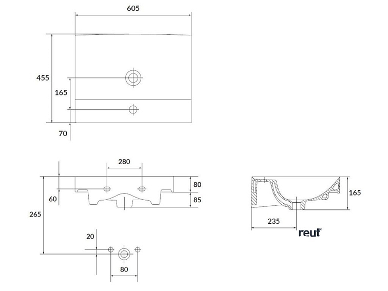 kielle Arkas I Umývadlo, 60x45 cm, s prepadom, s otvorom na batériu, biela 30611600