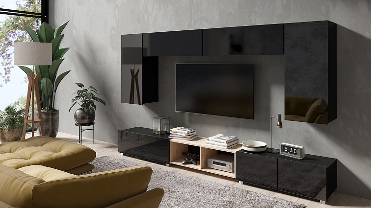 Obývací stěna LORONA 23, Černá/Dub Artisan 300 cm