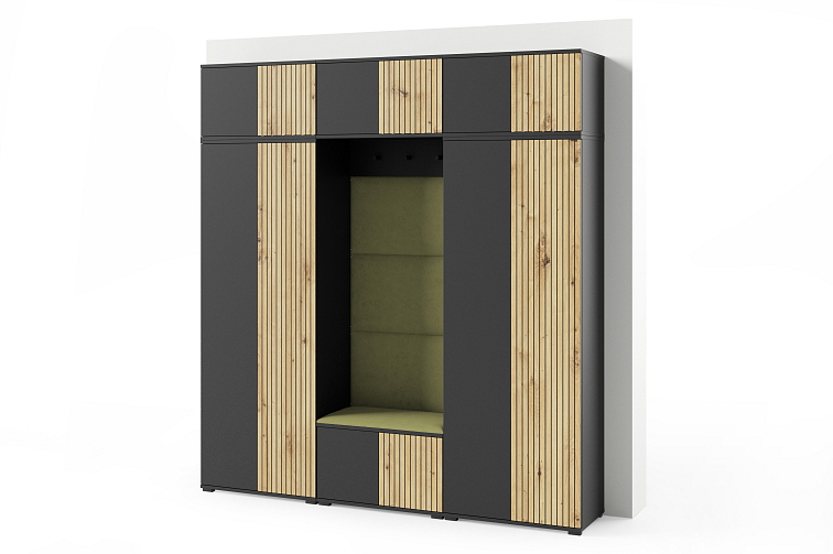 Předsíňová stěna s čalouněnými panely Joey 4 - Černá a Dub Artisan / Tmavá modrá 2331