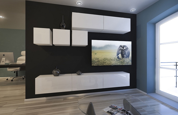 Obývací stěna VIRGINIE 8, 265 cm - Bílý lesk