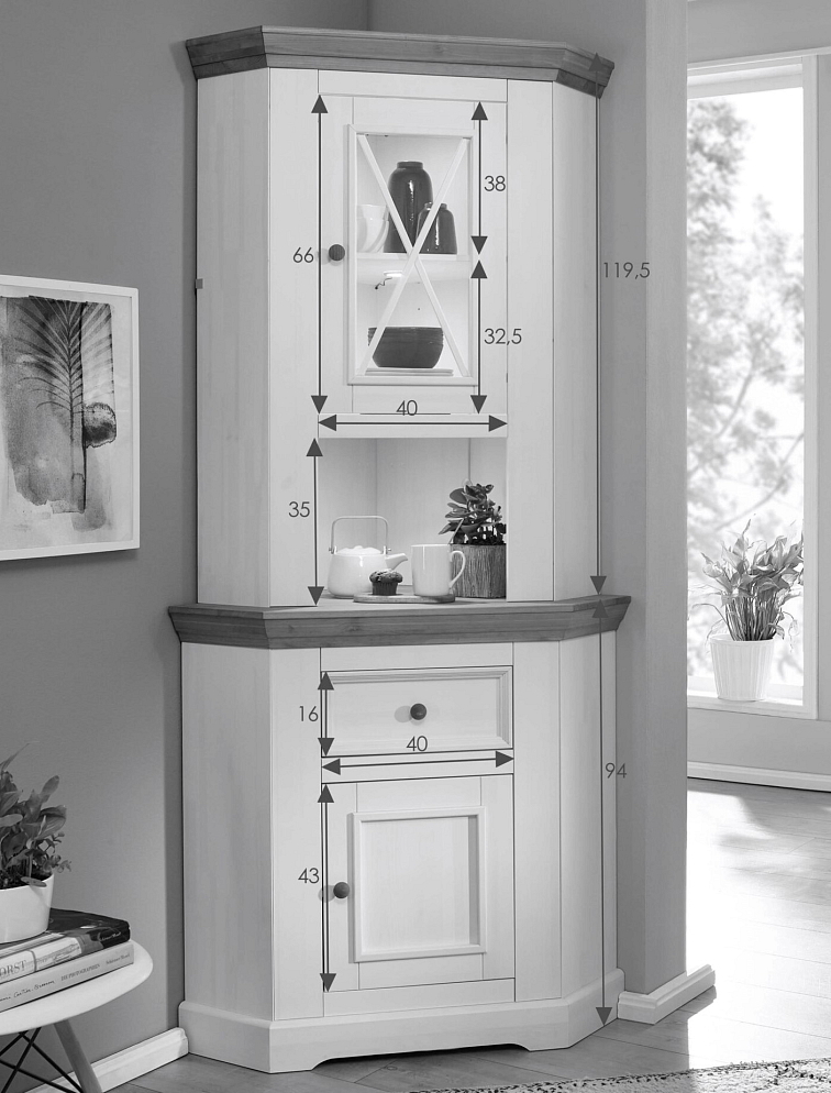 Nástavec k rohové komodě z masivu borovice MARTA I, Bílá 94 cm