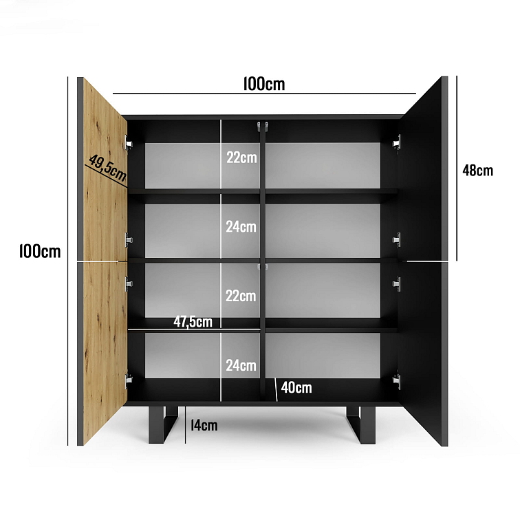 Komoda 4D JOEY na kovových nožkách 100 cm, Černá/Dub Artisan