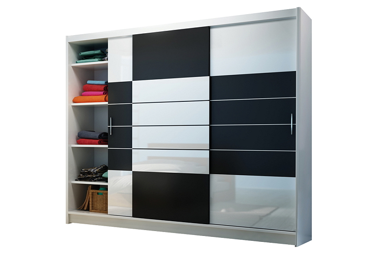 Šatní skříň ARUBA 250 cm, Černá / Bílý lesk