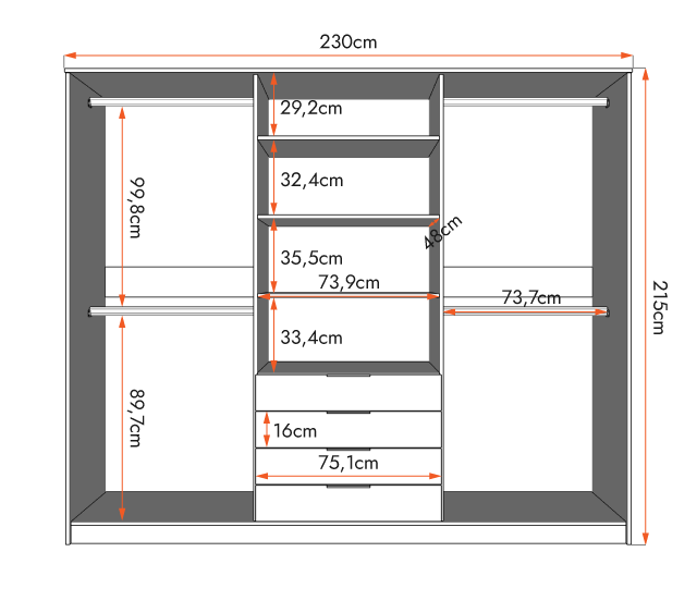 Šatní skříň GALAXY 6D, 230 cm Dub Hikora/Bílá