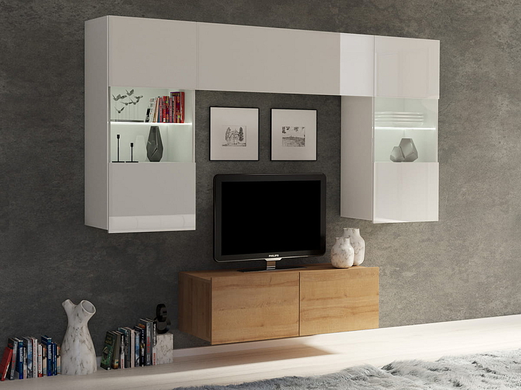 Obývací stěna LORONA 10, Bílá/Zlatý dub 195 cm