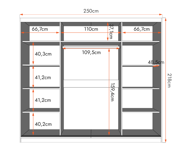 Šatní skříň Alba se zrcadlem (250 cm)