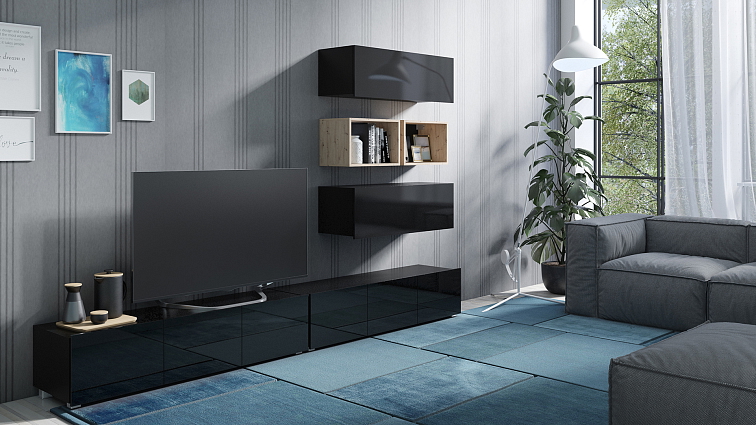 Obývací stěna LORONA 27, Černá/Dub Artisan 300 cm