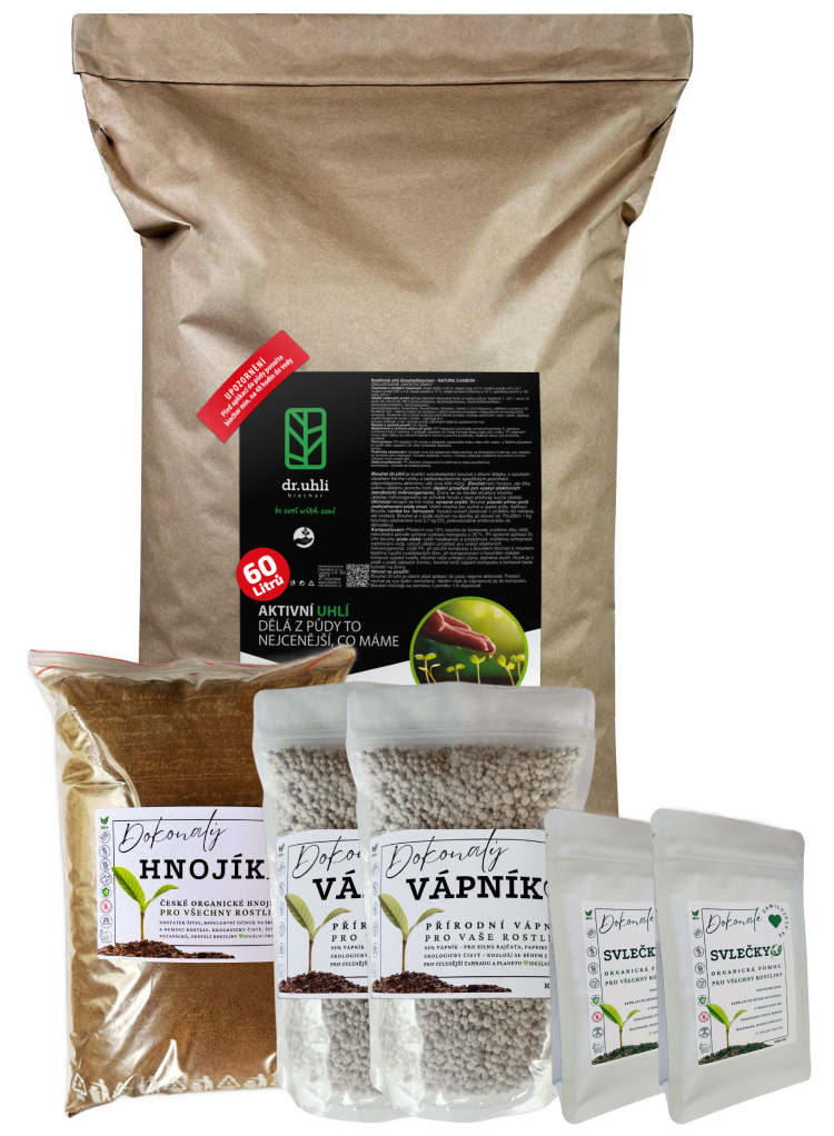 COMPLET SUPER set: Biochar 60 l + Hnojík 4 l + Vápník 2,5 l + Vápník s hořčíkem 2,5 l + Svlečky 0,6 L
