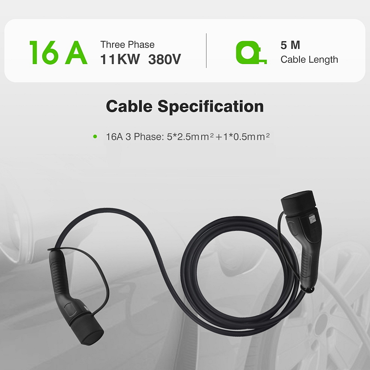 Zencar EV Type 2 Cable (16A, 3P, 5m, Black)