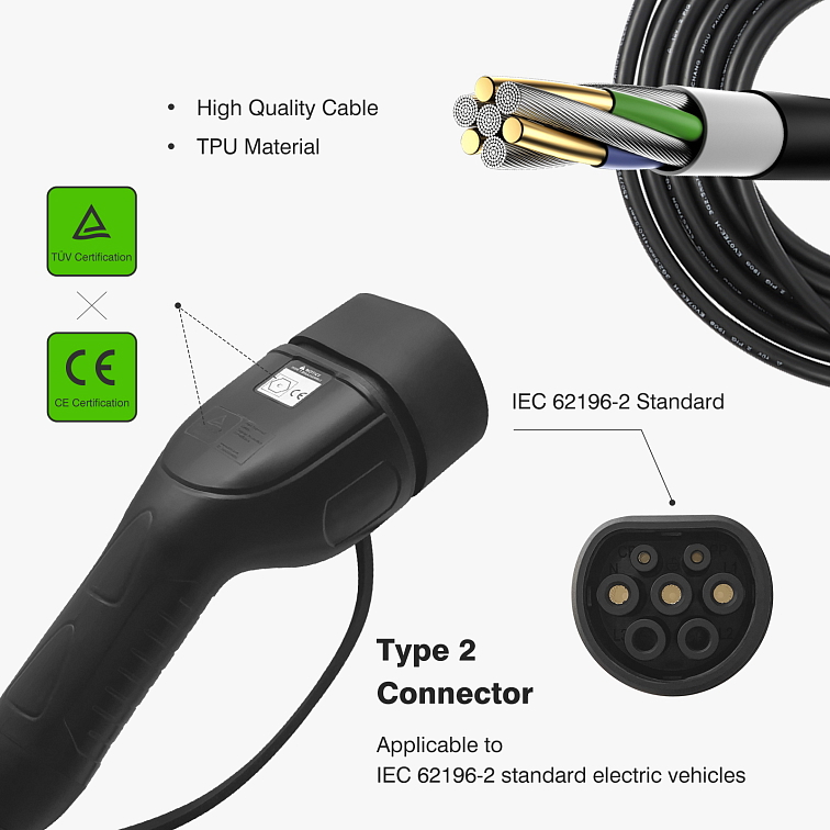 Zencar EV Type 2 Cable (16A, 3P, 10m, Black)