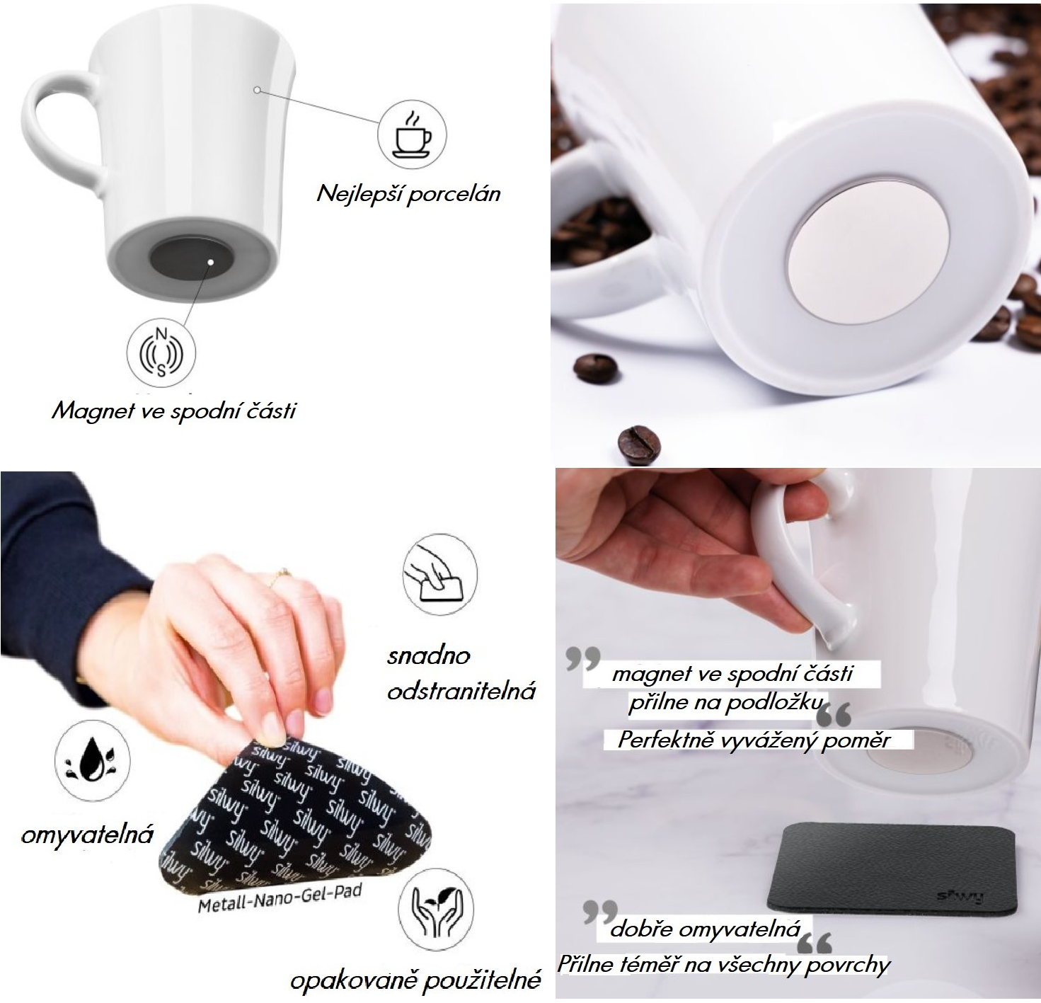 Silwy magnetická sada porcelánových hrnků 270 ml + 2 podložky