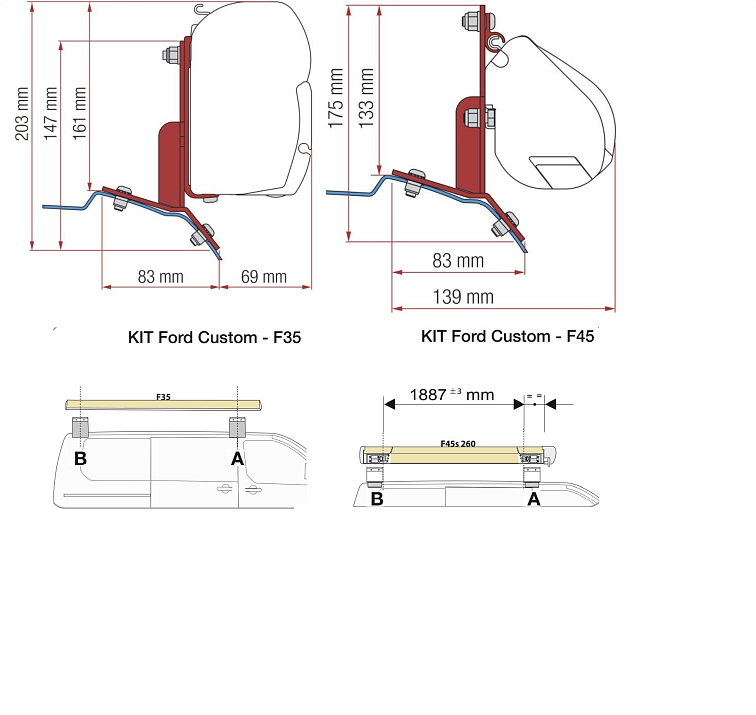 Sada adaptérů Ford Custom (2012 – ...) pro Fiamma F35, F45