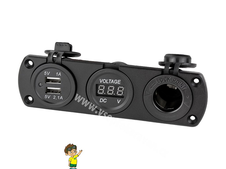 Vodotěsná 12 V zásuvka + USB zásuvka + voltmetr