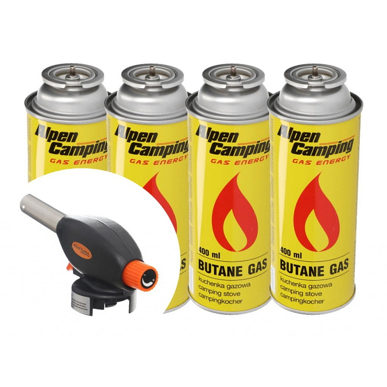 Set - 4x plynové kartuše Alpen Camping + 1x hořák