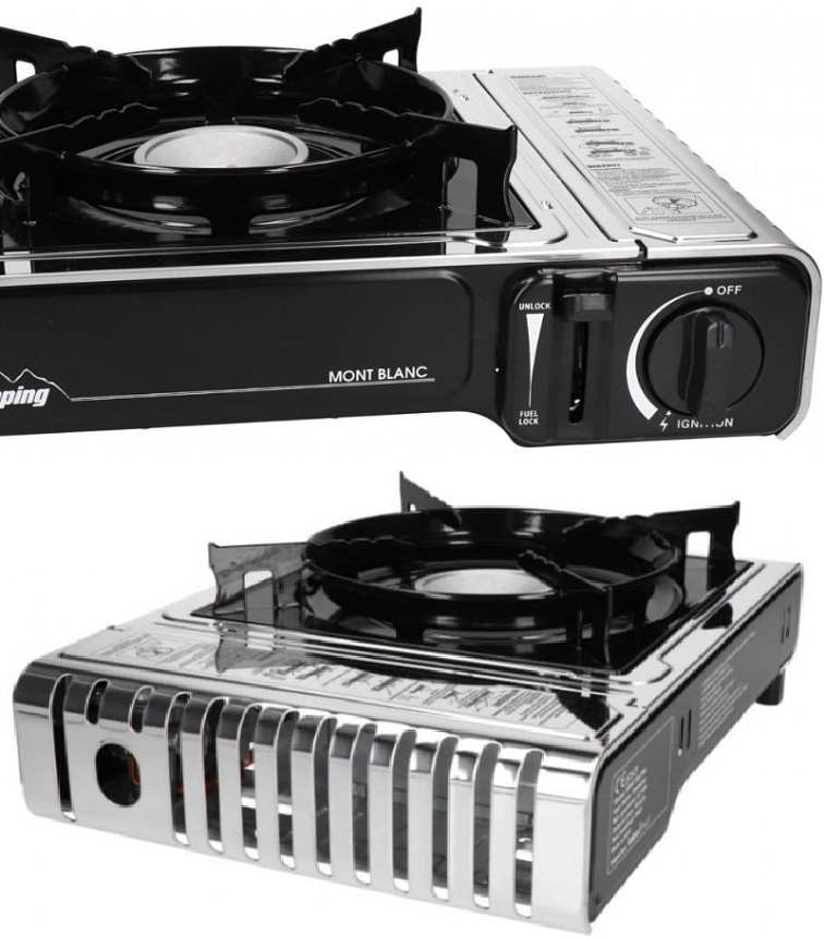 Plynový vařič Alpen Camping MONT BLANC s piezo zapalováním, barva černá / nerez