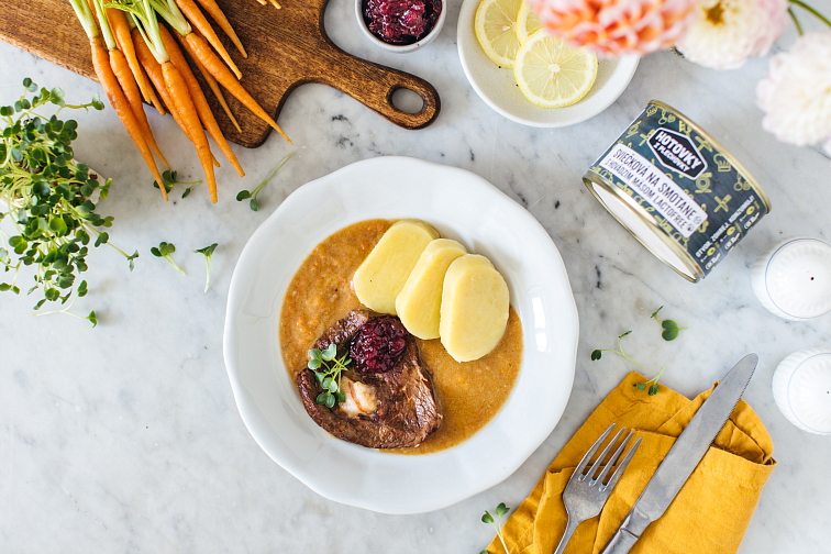 Svíčková na smetaně s hovězím masem Lactofree v plechovce