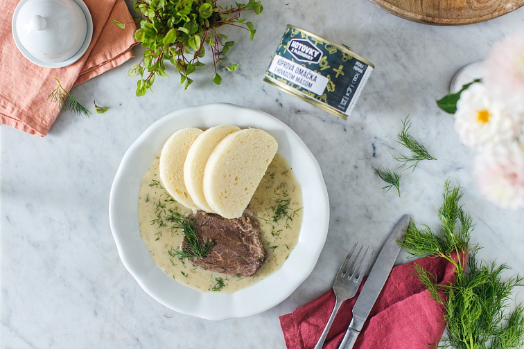 Koprová omáčka s hovězím masem v plechovce